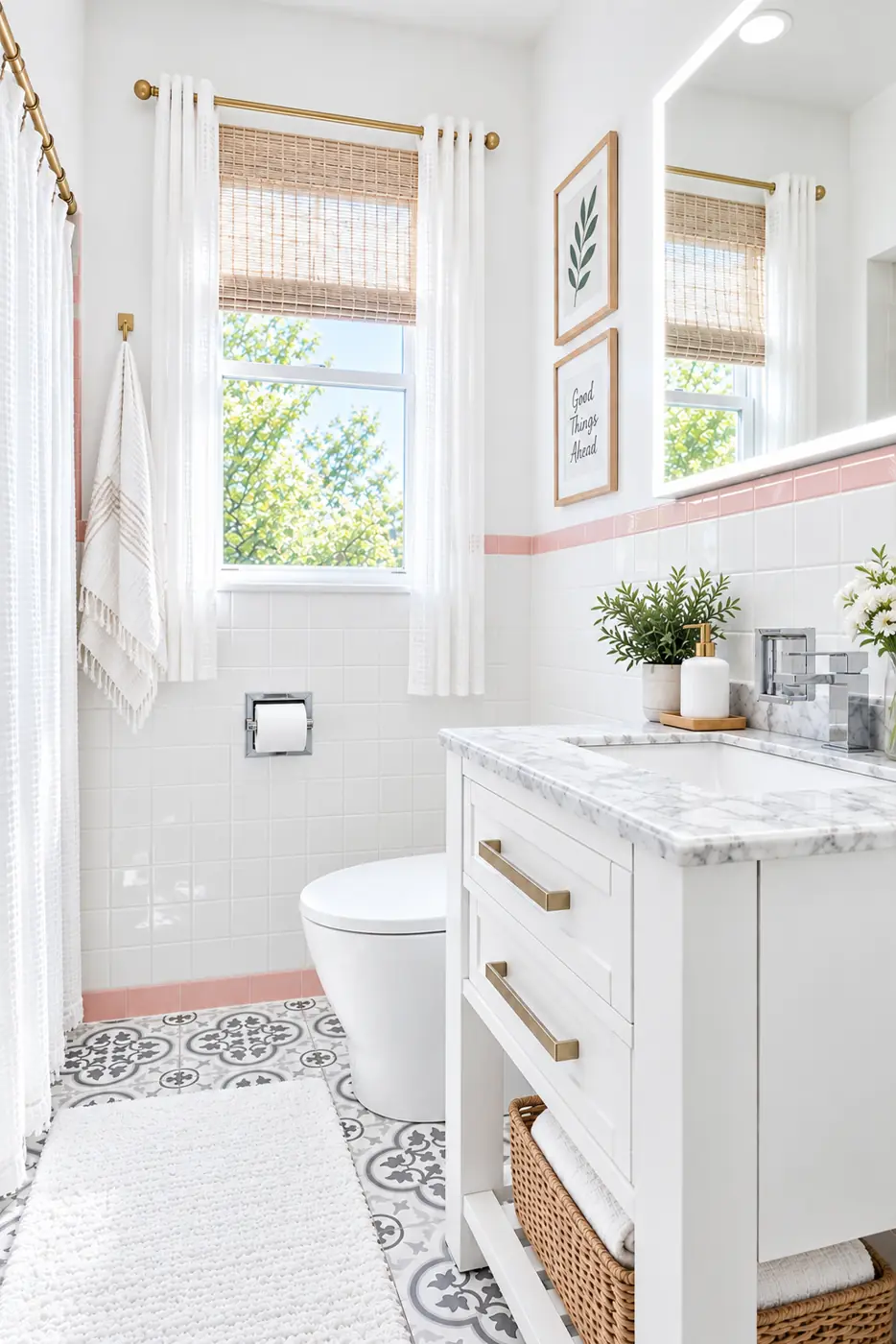 Bright bathroom with marble vanity