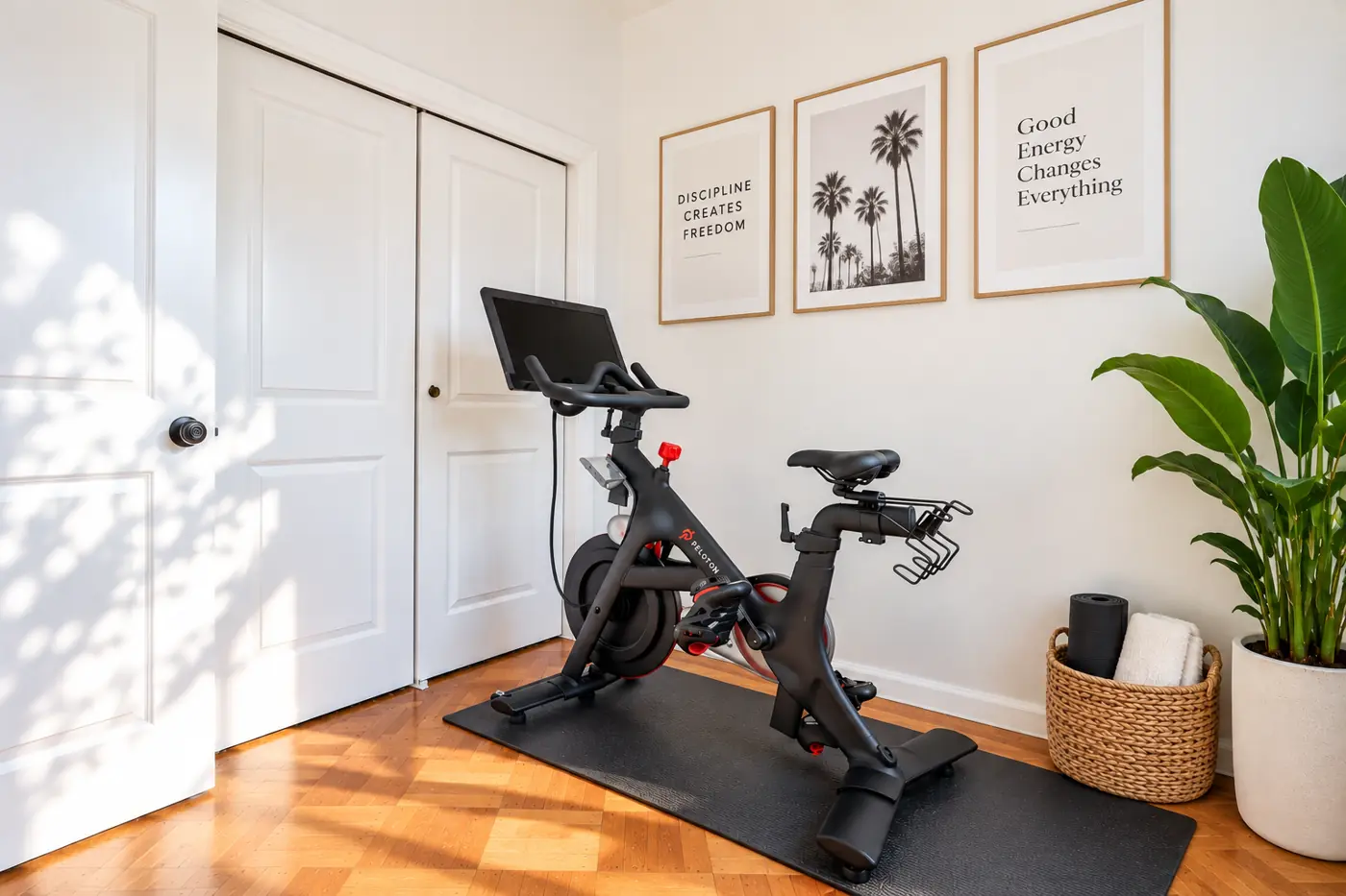 Workout room with Peloton bike